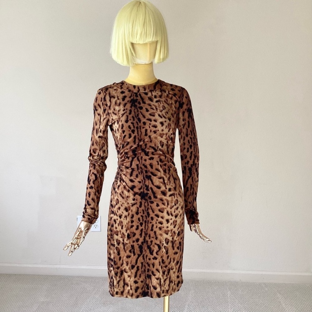 Tory Burch Silk Dress Neutrals Leopard Animal Print Long Sleeves Dress SZ XS
